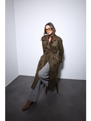 Antioch Haki Kruvaze Süet Görünümlü Premium Kadın Trençkot