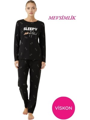Bie's Kadın Siyah Desenli Bisiklet Yaka Düğmesiz Mevsimlik Likra Viskon Uzun Kol Pijama Takımı