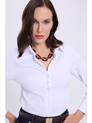 Tudors Kadın Slim Fit Dar Kesim Klasik Yaka Uzun Kollu Beyaz Gömlek