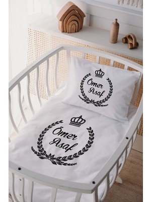 Lilabio %100 Pamuk Saten Isme Özel Isimli Anne Yanı Beşik Nevresim Takımı Çelenk