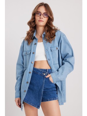 Tudors Kadın Oversize Geniş Kesim Denim Kot Çift Cepli Mavi Overshirt Ceket Tarzı Gömlek