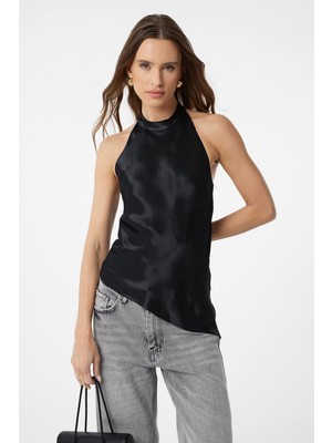 Antioch Siyah Asimetrik Saten Sırt Dekolteli Kadın Top