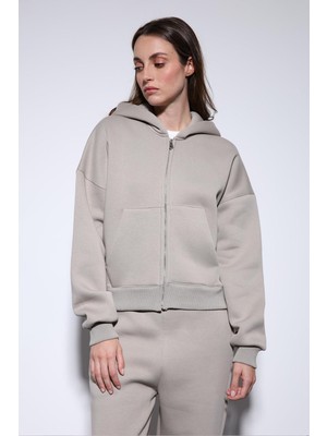 Antioch Açık Vizon Fermuarlı Kapüşonlu Kadın Sweatshirt