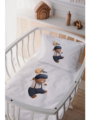 Lilabio %100 Pamuk Saten Ayıcık Desenli Isimli Anne Yanı Beşik Nevresim Takımı 60x100 cm