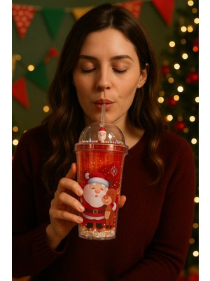 biton  noel baba & yeni yıl 2026  temalı pipetli suluk  450 ml çift katman mika su şişesi 2768-a