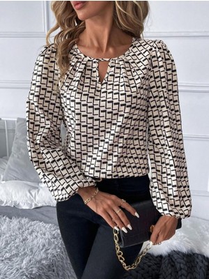 Gökyüzü Moda Kadın Uzun Kollu Damla Detaylı Yaka Desenli Süprem Bluz