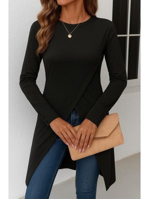 Gökyüzü Moda Kadın Uzun Kollu Bisiklet Yaka Önden Çapraz Kesim Detay Midi Viskon Bluz