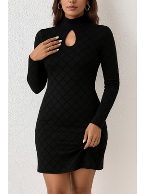 Evyora Kadın Uzun Kollu Damla Detay Flok Baskı Dalgıç Mini Elbise