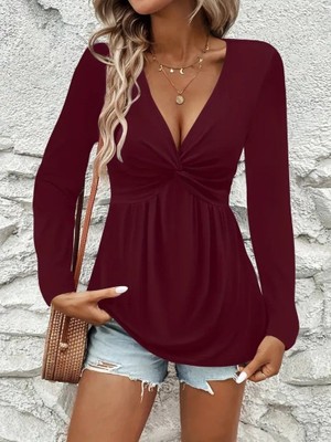 Nidam Butik Kadın Uzun Kollu Dekolteli Sarmal Detaylı Viskon Bluz