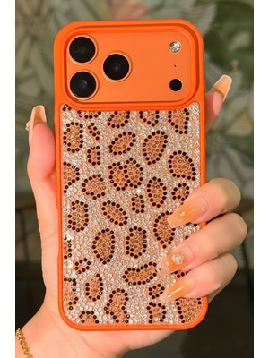 iPhone 17 Pro Uyumlu Kılıf Içi Kadife Leopar Tasarımlı Turuncu Taşlı Işıltılı Pırlanta Silikon