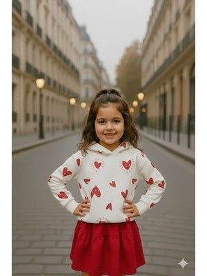 Tiny Style Kids Kız Çocuk Kalpli Kapüşonlu Sweetshirt ve Etek Alt Üst Takım
