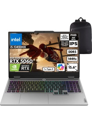 Lenovo Loq I5-13450HX 32-Gbddr5 2 Tbssd RTX5060 (8GB-100W-GDDR7) 15.6" Fhd Freedos + Hmf Sırt Çantası 83JE00ENTRHMF8