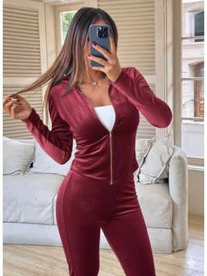 Nidam Butik Kadın Uzun Kollu Önden Fermuarlı Kadife Bluz ve Pantolon Ikili Takım