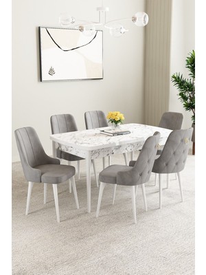 Baresmu Nice Beyaz Mermer Desen 80X132 Açılabilir Mdf Masa Yemek Odası Takımı, Mutfak Takımı 6 Adet Sandalye