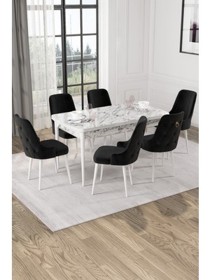 Baresmu Nice Beyaz Mermer Desen 80X132 Açılabilir Mdf Masa Yemek Odası Takımı, Mutfak Takımı 6 Adet Sandalye