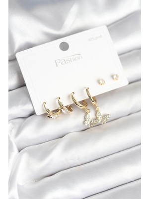 Aylina Bfs Gold Renk Pirinç Kelebek Model 925 Ayar Gümüş Çivili Kadın Küpe Seti