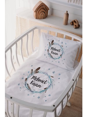 Lilabio %100 Pamuk Saten İsme Özel Beşik Nevresim Takımı Kuş Tüyü 60 x 100 cm Beyaz Desenli
