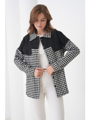 Mamayaga Kadın Desen Bloklu Oduncu Oversize Bol ve Geniş Kalıp Casual Cepli Yakalı Ceket Gömlek