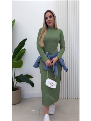 Passense Kadın Uzun Kollu Balıkçı Yakalı Yanlardan Yırtmaçlı Kaşkorse Maxi Elbise