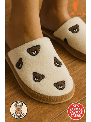 Albishoes Ayıcık Nakışlı Pofuduk Ev Terliği Çeyizlik Terlik Kaymaz Taban Kışlık Kadın Ev Terlik