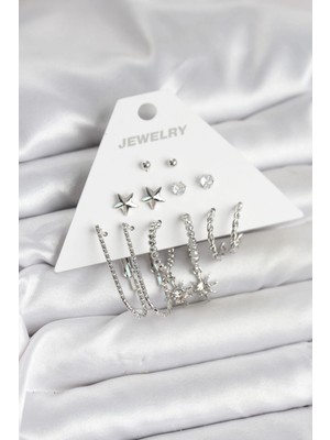 Aylina Bfs Pirinç Gümüş Renk Küpe Seti 6'lı