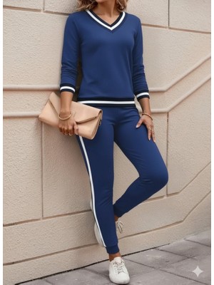 Arben Boutique Kadın Uzun Kollu V Yakalı Ribanalı Viskon Iki Iplik Bluz ve Pantolon Ikili Takım
