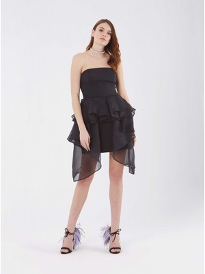 ROMAN Tül Detaylı Straplez Şifon Elbise Siyah Y1811066_001