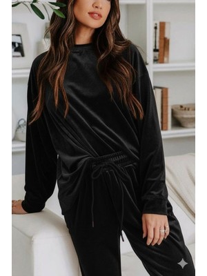 Arben Boutique Kadın Uzun Kollu Yuvarlak Yakalı Kadife Bluz ve Pantolon Takım