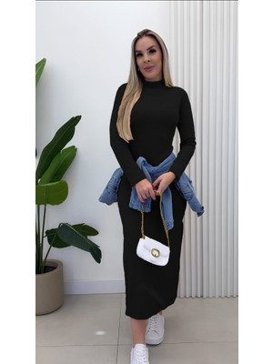 Nidam Butik Kadın Uzun Kollu Balıkçı Yakalı Yanlardan Yırtmaçlı Kaşkorse Maxi Elbise