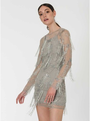 ROMAN Püskül Detaylı Gümüş Mini Gece Elbisesi Standart Renk Y1962105_089