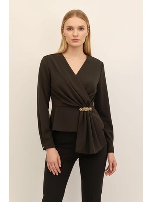 Rays Acı Kahve Kruvaze Yaka Taş Toka Detaylı Uzun Kollu Kadın Bluz 251279