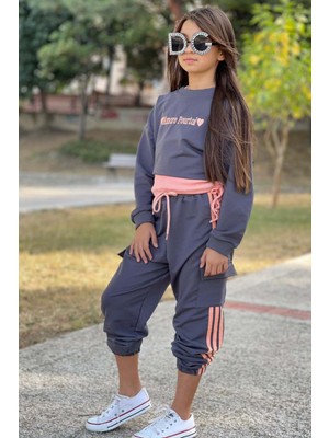 Riccotarz Kız Çocuk Yazı Detaylı Crop Kaşkorse Kolsuz Badi Detaylı Kargo Cepli Alt Lacivert Eşofman Takım