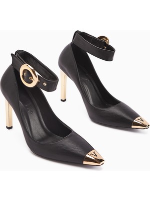 Limoya Kadın Siyah Topuklu Ayakkabı Bilekten Tokalı Deri Malzeme Orta Taban Tipi