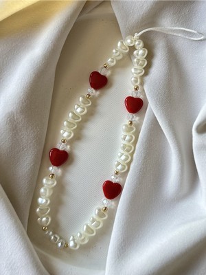 Miraz Tasarım Kırmızı Kalpli Incili Telefon Charmı Telefon Ipi Bileklik Askı