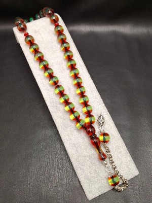 Han Ticarethane Kırmızı Yeşil Renk Küre Kesim Özel Sürmeli Toz Kehribar Tesbih