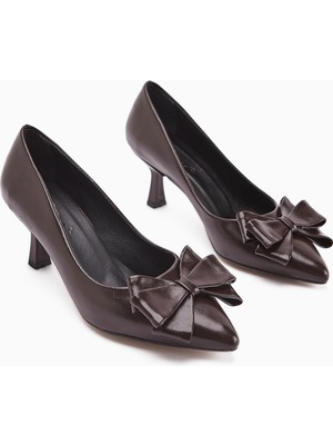 Limoya Denita Kahve Fiyonklu Kadın Topuklu Ayakkabı