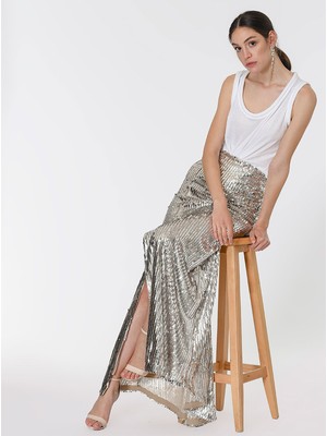 ROMAN Payetli Yırtmaçlı Uzun Etek Gümüş Y1915008_078