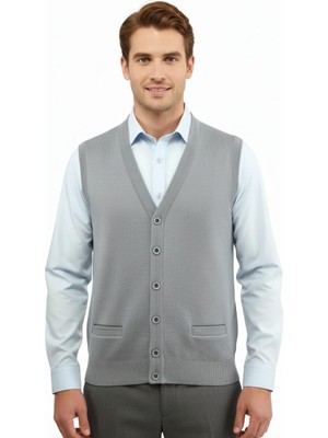 Çizgi Triko Erkek Düğmeli Yelek Cepli Çelik Örgü Klasik Kalıp 5200L BGL-ST04844