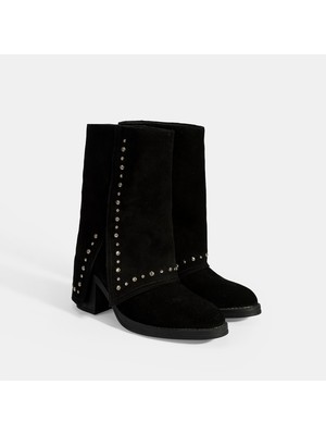 Desa Kadın Siyah Zımba Detaylı Kalın Topuklu Süet Bot