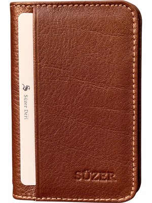 S.S. Süzer Deri Mini Boy Ikiye Katlı Slim Basic Model Hakiki Deri Kredi Kartlık Taba