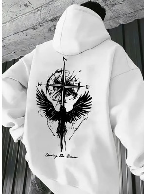 Amor Man Büyük Beden Özel Tasarım Valhalla Pusulası Sırt Baskılı Süper Oversize Kapüşonlu Erkek Sweatshırt