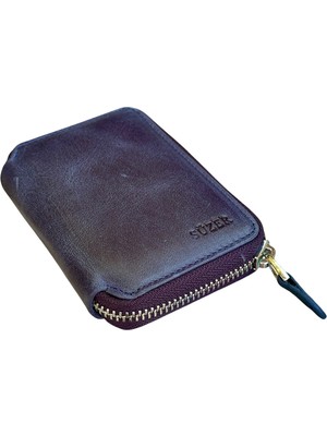 S.S. Süzer Deri Fermuar Kilitli Mini Boy Unisex Hakiki Deri Spor Cüzdan Carzy Lacivert