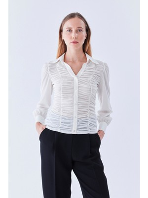 ROMAN Büzgü Detaylı Kadın Gömlek Kemik K2113538_019