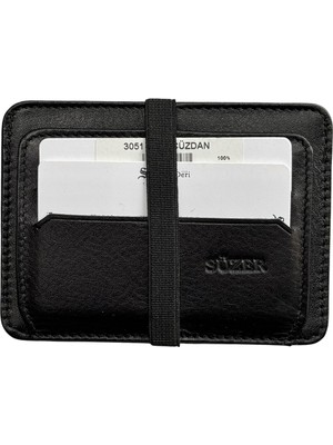 S.S. Süzer Deri Lastikli Iki Katlı Mini Boy Ince Slim Basic Model Hakiki Deri Kredi Kartlık Siyah