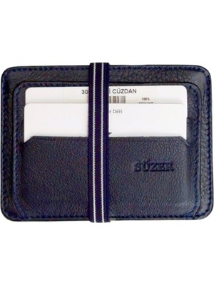 S.S. Süzer Deri Lastikli Iki Katlı Mini Boy Ince Slim Basic Model Hakiki Deri Kredi Kartlık Lacivert