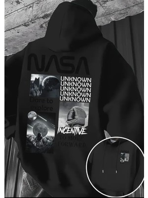 Amor Man Büyük Beden Özel Tasarım Kapüşonlu Nasa Unknown Sırt Baskılı Oversize Trend Erkek Sweatshırt