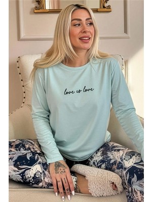 Pijama Evi Mint Love Is Love Desenli Uzun Kollu Bambu Örme Kadın Pijama Takımı