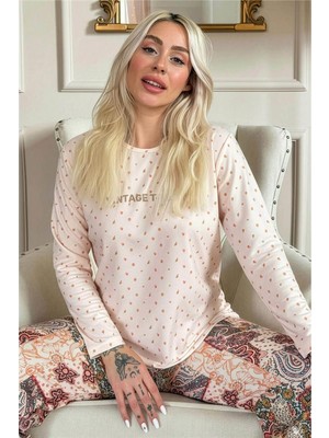 Pijama Evi Bej Vintage Desenli Uzun Kollu Bambu Örme Kadın Pijama Takımı