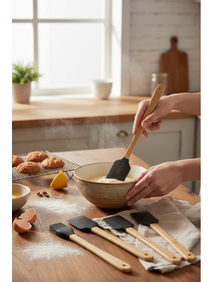 5'li Silikon Bambu Saplı Spatula Seti (Siyah)
