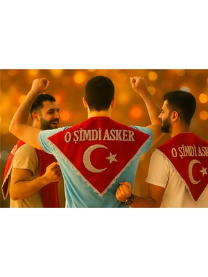 Sam ''o Şimdi Asker'' Yazılı Pullu Kına Örtüsü  (Eldivenli) Kırmızı Renk  (Üçgen Şeklinde)